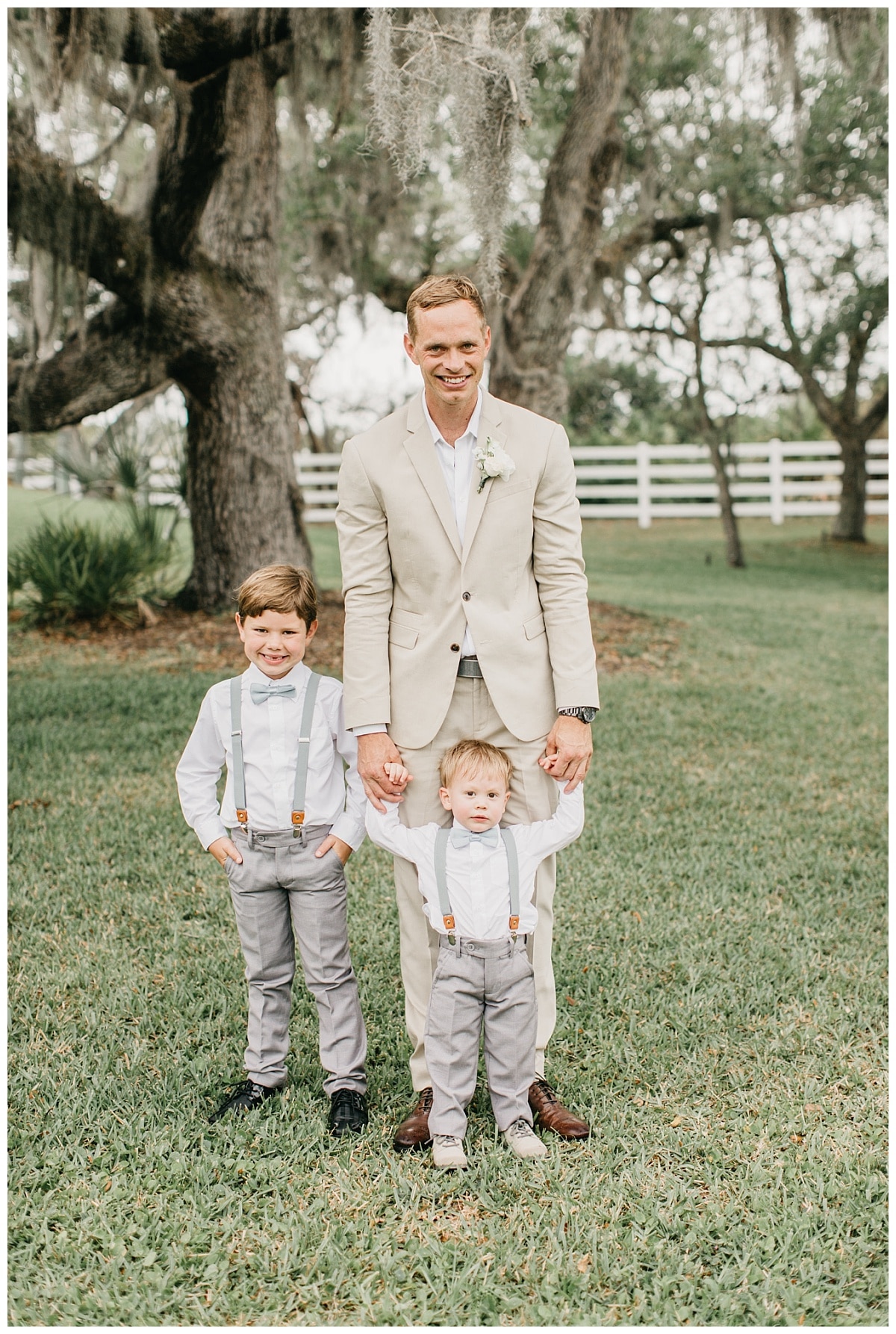 southern style groom wearing a light khaki suit with suspender details