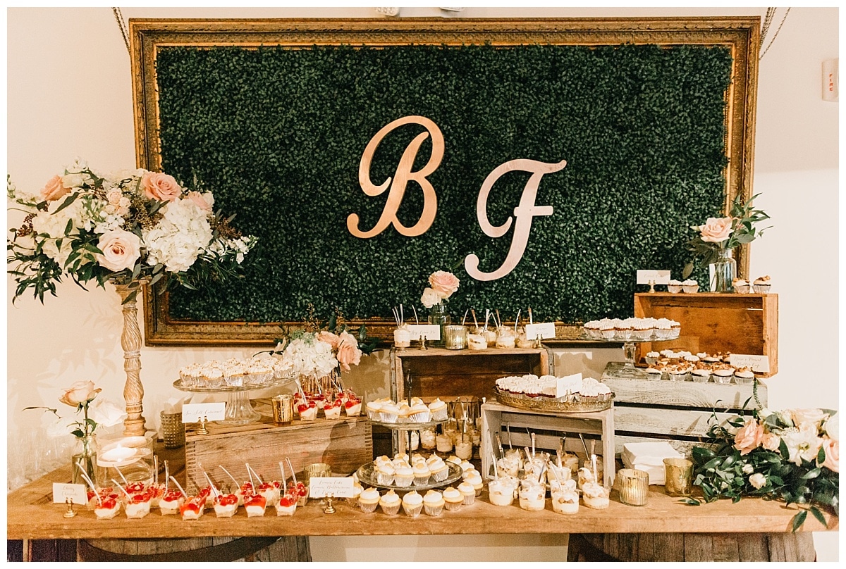 Gold framed boxwood for rustic inspired dessert display table