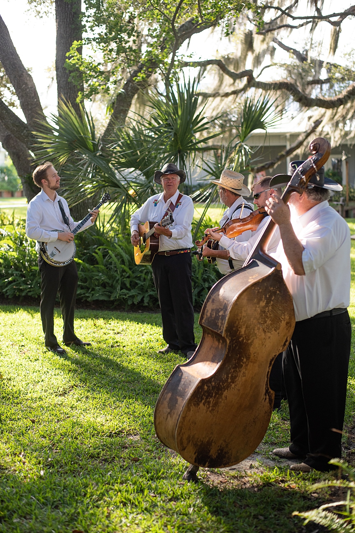 Bluegrass band serenading guests at old Florida southern wedding ceremony at up the creek farms
