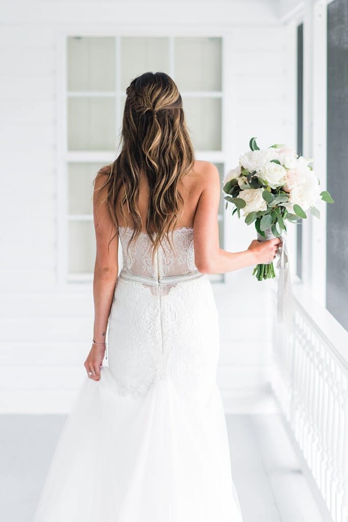 stunning strapless modern lace gown from Boca Raton Bridal & Consultants