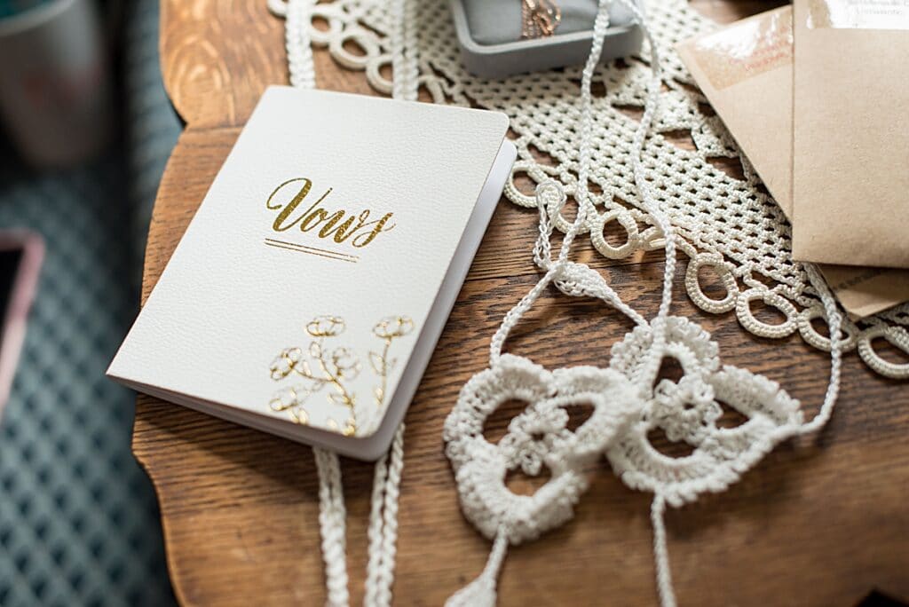 Tiny wedding vows notebook with gold engraved detail 