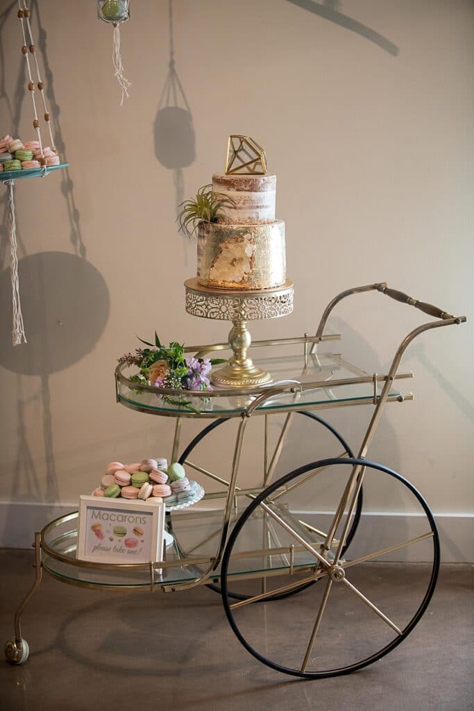 organic looking gold geo two tier wedding cake with succulent accent