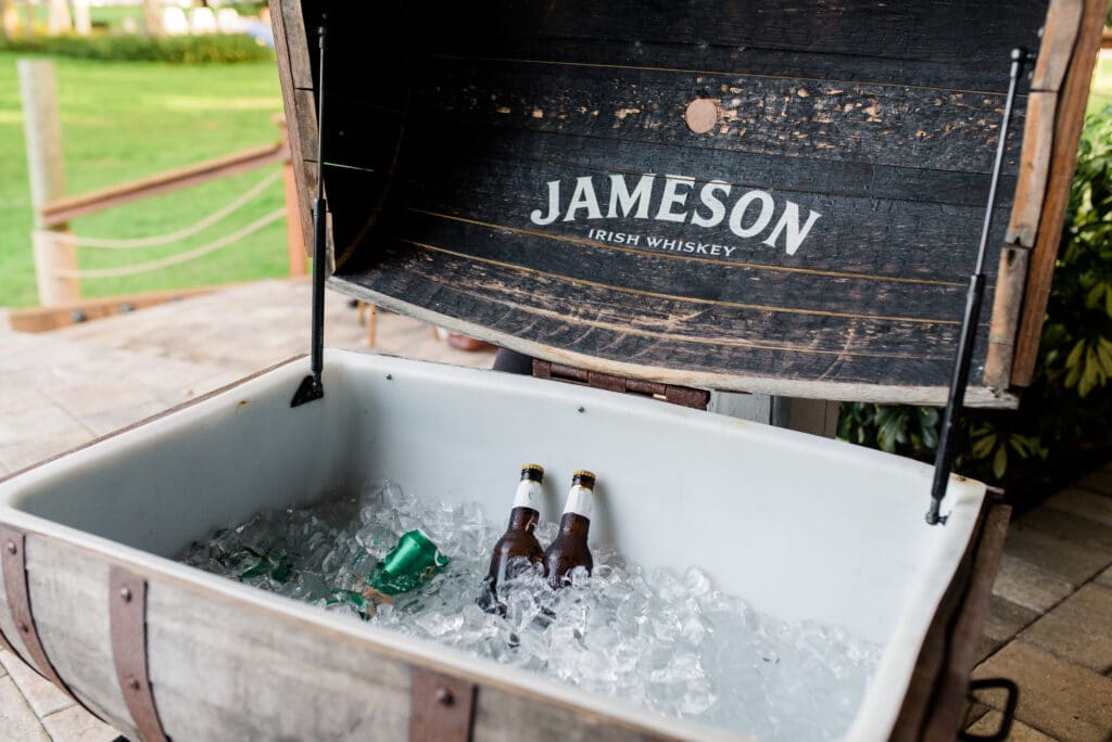crystal and crates Jameson Irish whiskey barrel cooler wedding ceremony prop