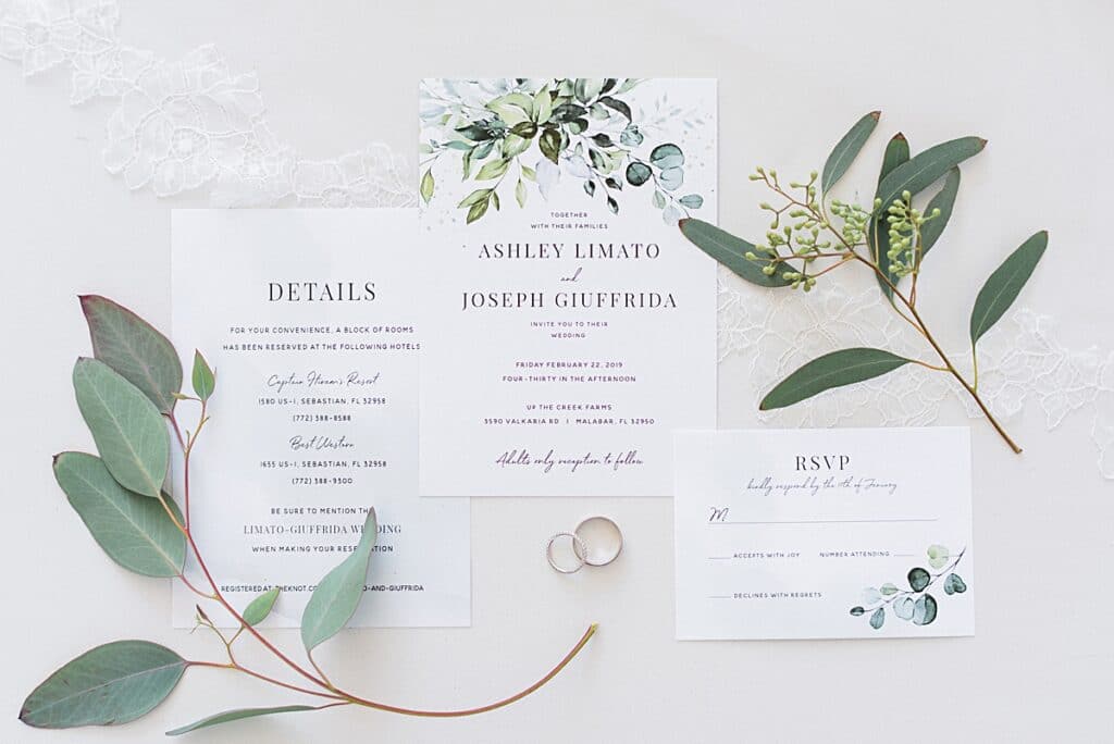 Wedding invitations featuring eucalyptus greenery designs to match wedding florals