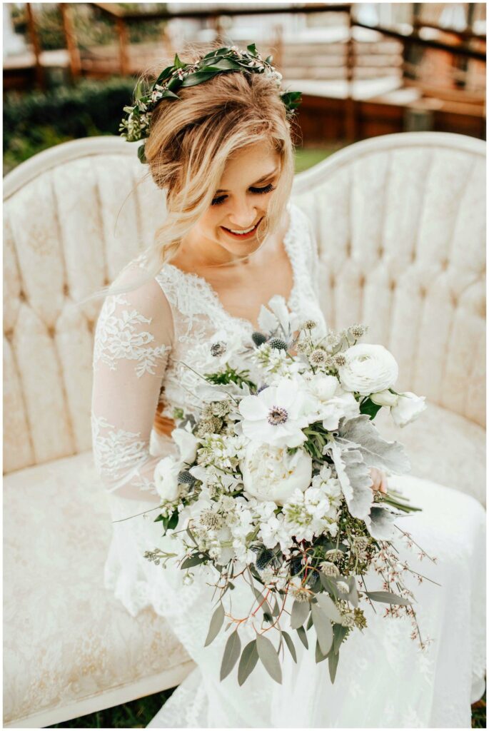 Bohemian bride in brevard county with rustic flower crown and textured boho bouquet