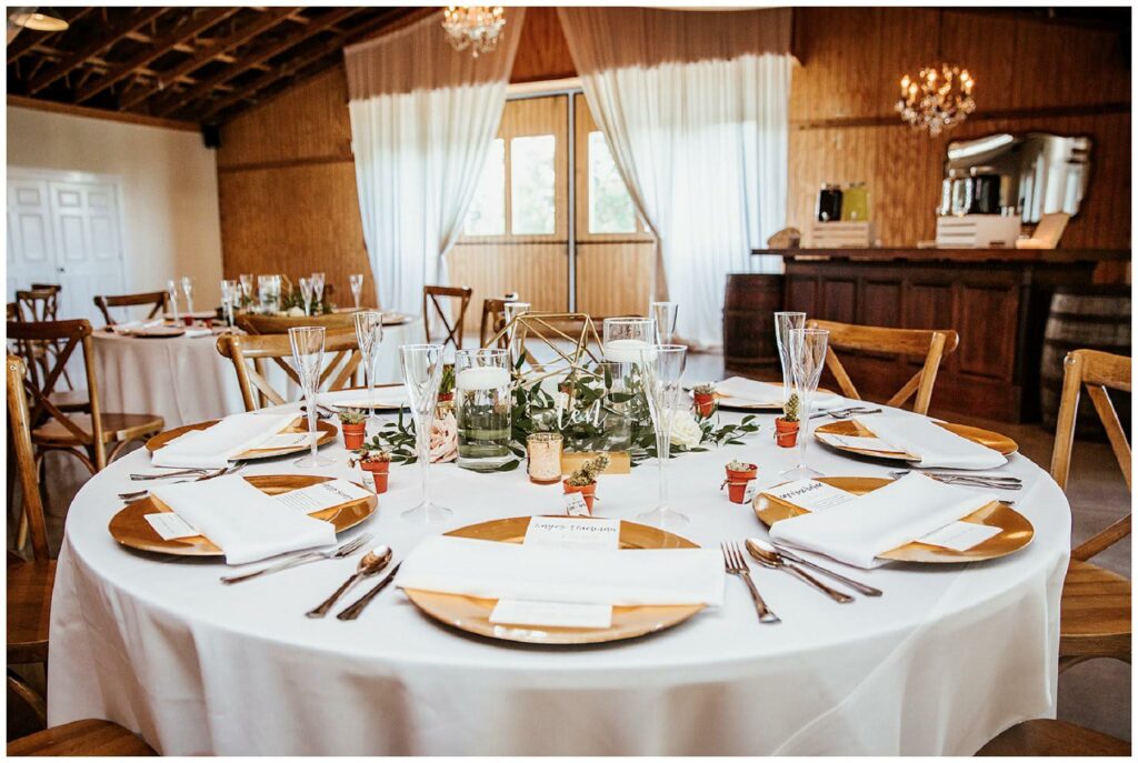 Rustic modern tablescapes with greenery centerpieces and gold geo's