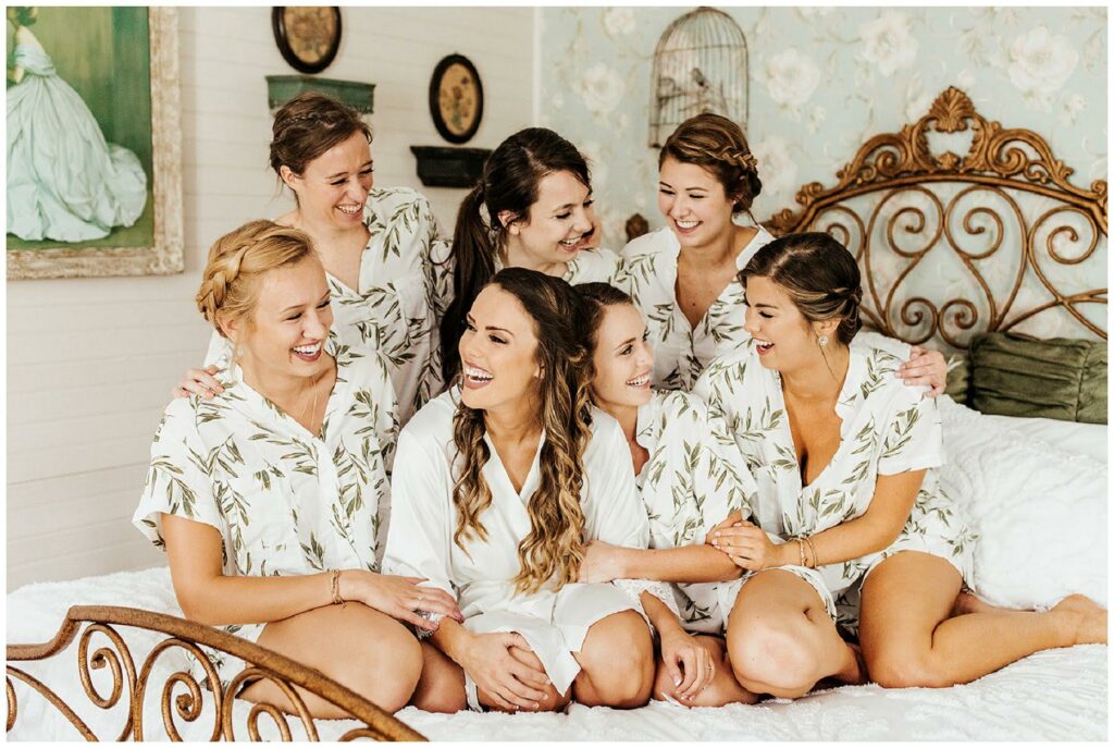 Matching white bridesmaid pajamas with greenery pattern
