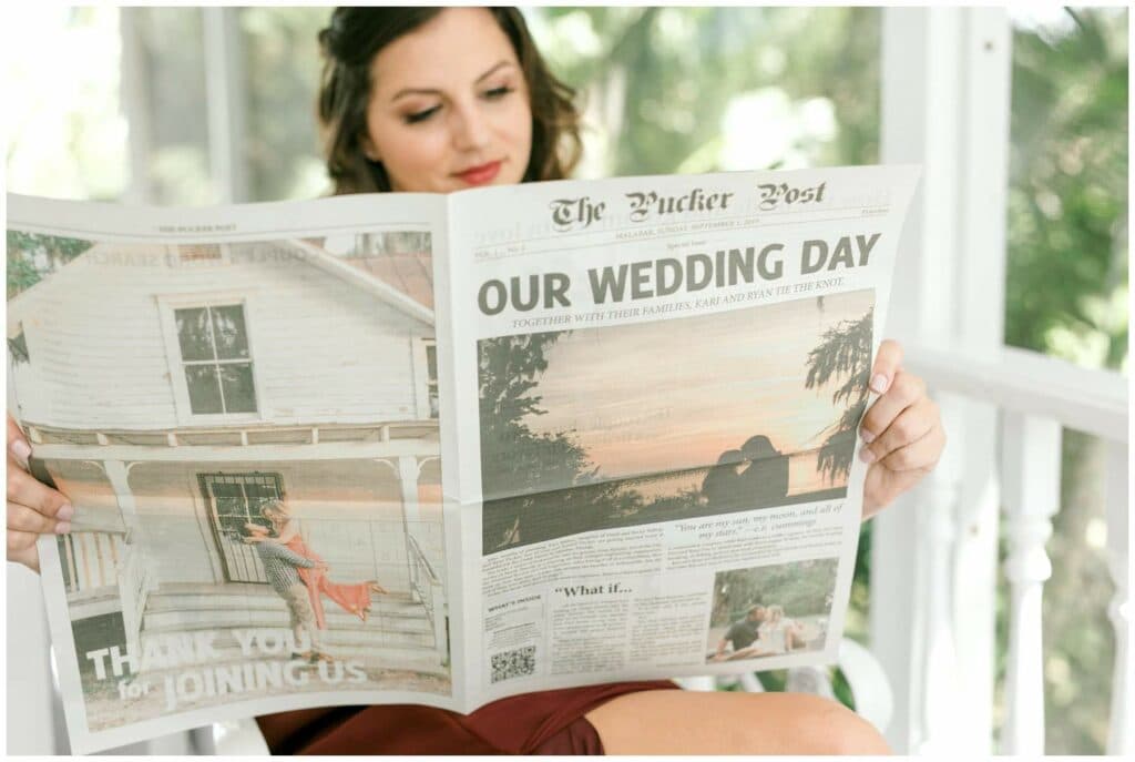 custom wedding day newspaper featuring important details and fun facts that their guests received upon check-in at the hotel
