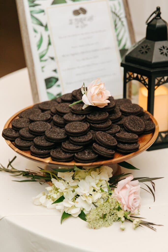 budget friendly rustic wedding venue dessert ideas like oreos served on a platter