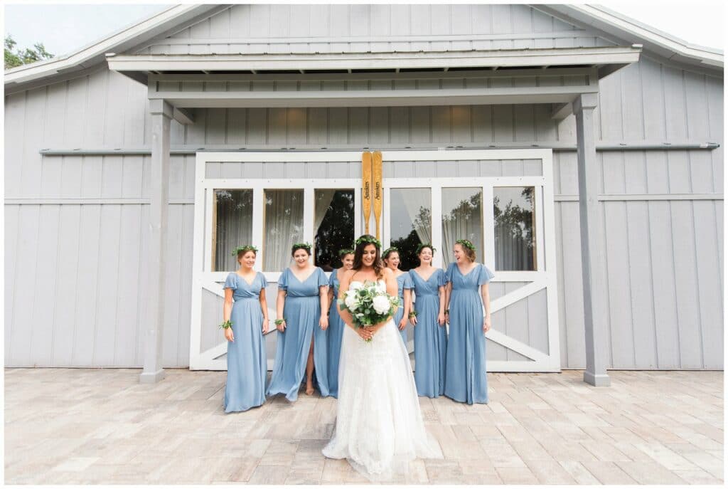 periwinkle blue bridesmaid dresses and classic greenery style flower crowns