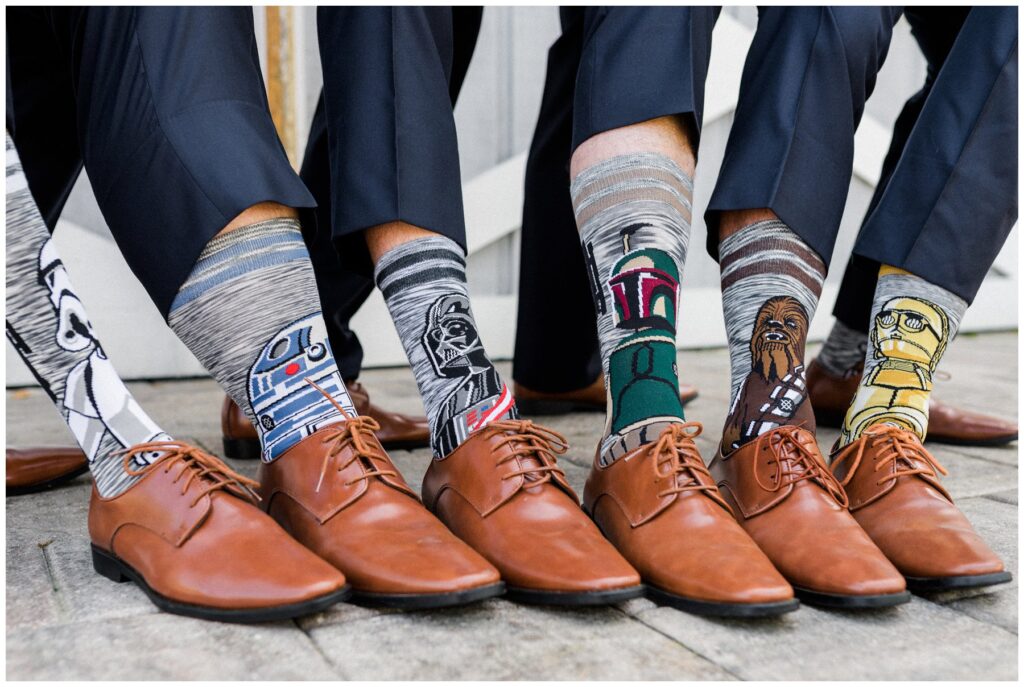 Groomsmen Star Wars themed socks for brevard county southern space age wedding 