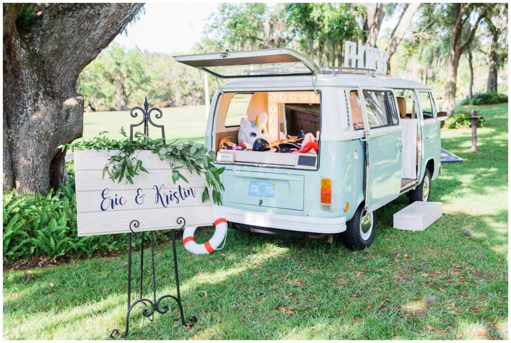 Sweet Shot Photo Booth 1976 Volkswagen Bus rental with fun quirky props for up the creek farms wedding