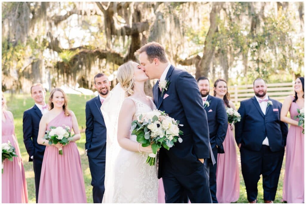 Navy groomsmen suits and Lavender pink bridesmaid dresses at up the creek farms wedding 