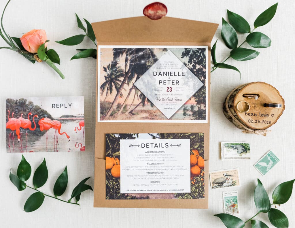 Florida inspired wedding invitation suite featuring oranges and Flamingos