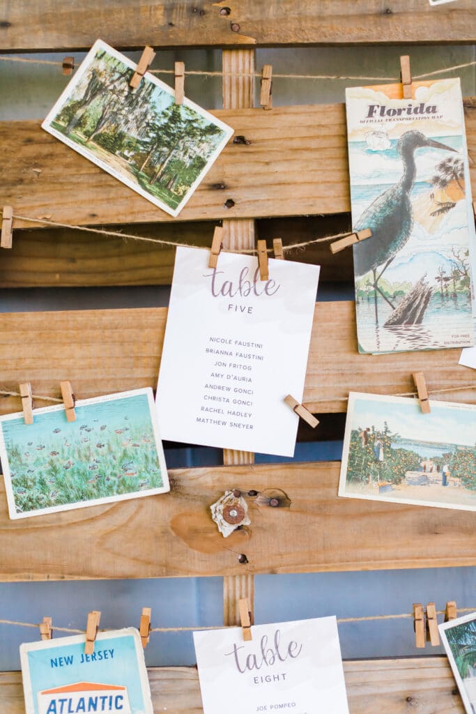 Vintage Florida postcards used for a seating chart display