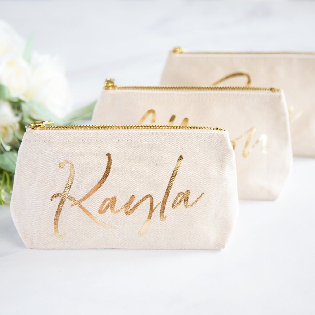 bridal party canvas makeup bags with gold name