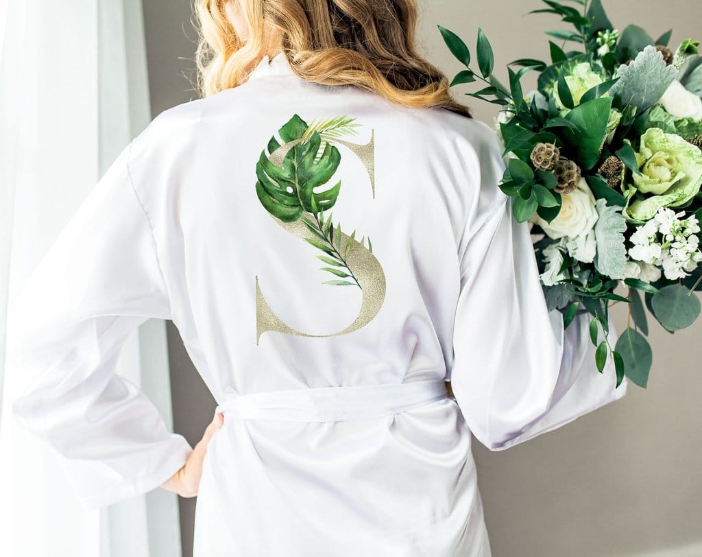 personalized bridal satin robe with tropical letter 