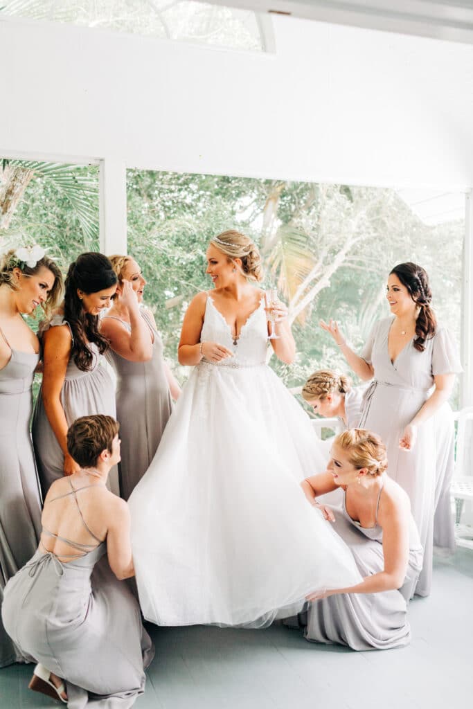 gray bridesmaids dresses and Hayley Paige wedding dress