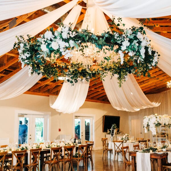 white and green floral hoop chandelier