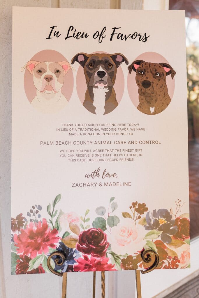 dog charity sign instead of wedding favors 